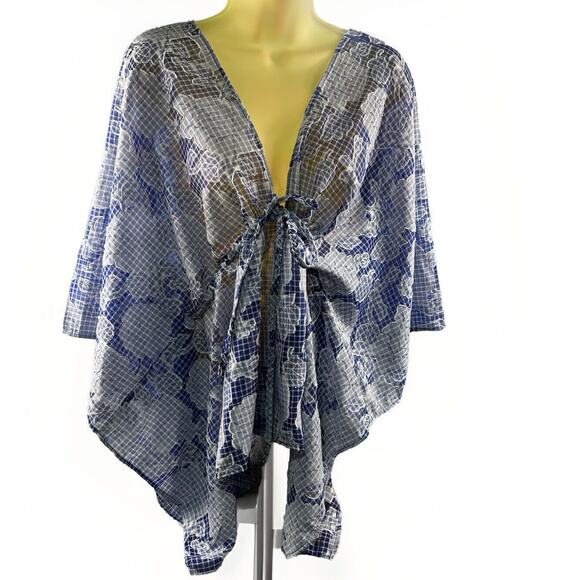 ANTHROPOLOGIE Kaftan Blouse Woman One Size Blue Floral Tie Front Flowy Sheer - Picture 2 of 13